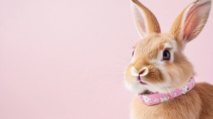 Obraz premium Cute rabbit with floral collar against pink background