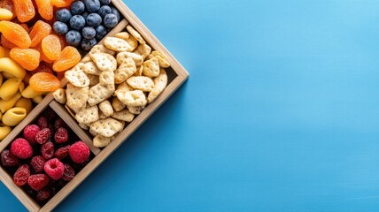 Colorful fruit and snacks in wooden tray on blue background