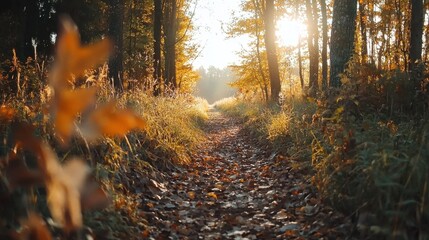 Obraz premium Enchanting Autumn Forest Path with Golden Sunlight Filtering Through the Leaves