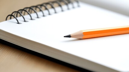 Spiral notebook and orange pencil on white surface