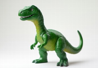 A green dinosaur toy is standing on a white background