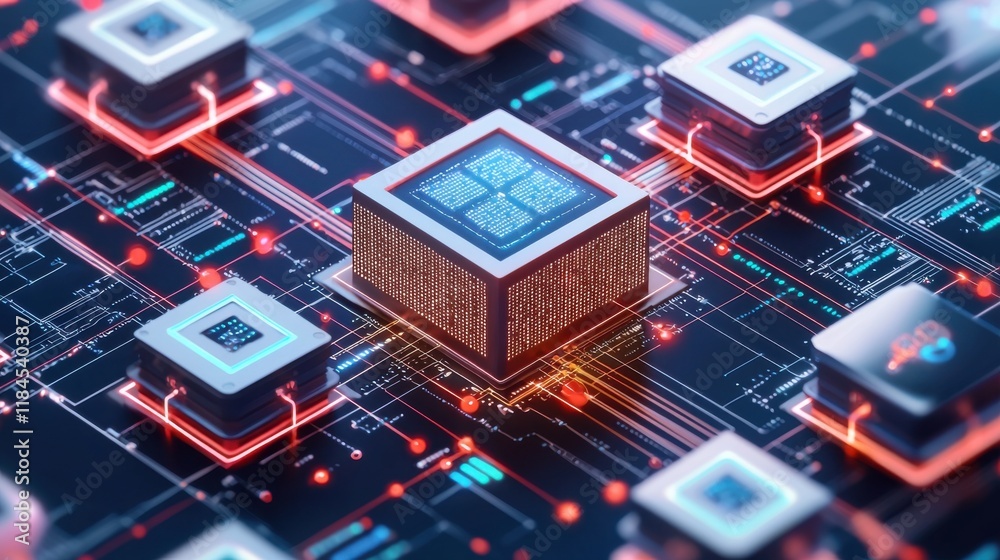 Poster futuristic digital technology circuit design with illuminated microchips and geometric patterns