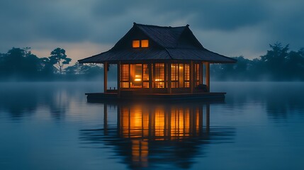 Fototapeta premium Illuminated Lakeside House Peaceful Evening Scene