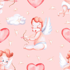 Seamless pattern with two angels,bow and arrow on a pink background. Watercolor illustration on the theme of St. Valentine's Day for printing on postcards, packaging, decorating children's rooms.