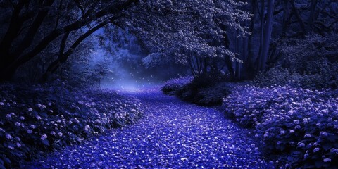 Enchanted nighttime forest pathway lined with glowing blue flowers
