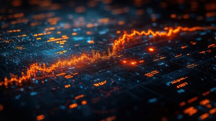 A digital visualization of data trends represented by glowing lines and grids.