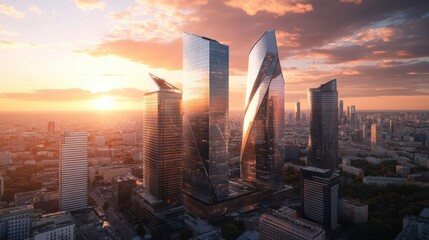 Modern Skyscrapers with Glass Facades at Golden Hour