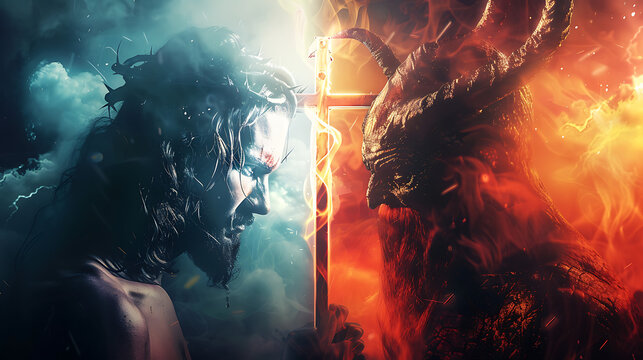 A dramatic face-off between Jesus Christ holding a glowing cross and Satan wielding a fiery trident, with a divided sky of light and darkness 