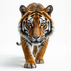 Obraz premium Powerful Tiger Stride Against a White Background