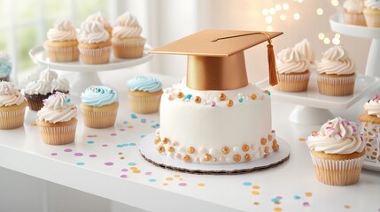 A graduation-themed dessert table with a cake shaped like a graduation cap, surrounded by colorful treats and confetti.