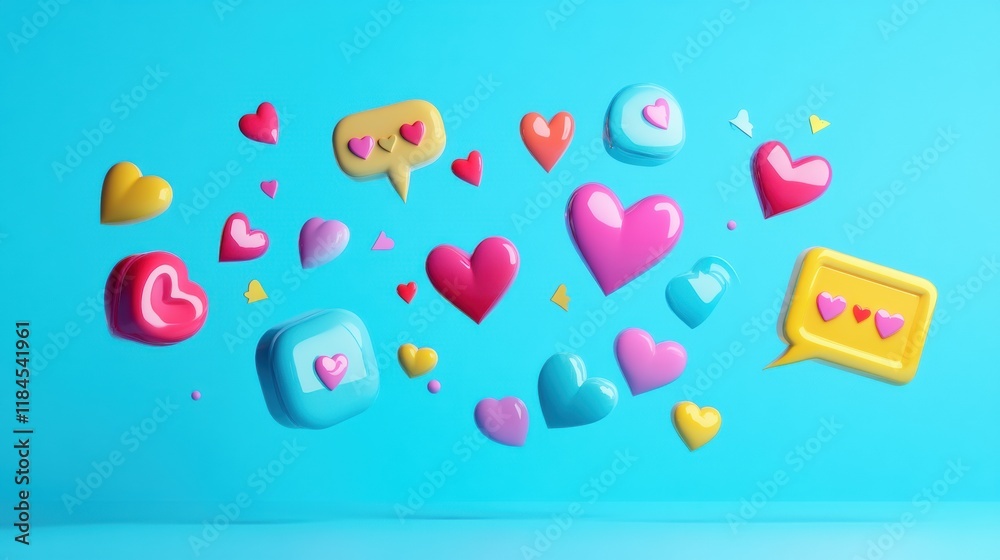 Aufkleber Floating 3D chat bubbles and hearts create a vibrant conversation atmosphere in a bright blue background. Generative AI