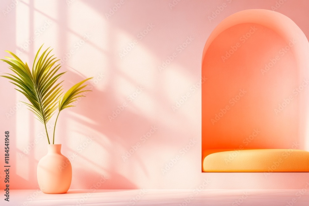 Poster a minimalist design of palm jumeirah, using abstract palm shapes and soft pastel colors for a modern