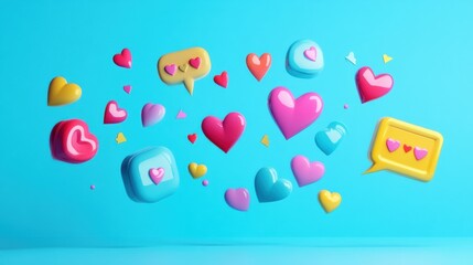 Floating 3D chat bubbles and hearts create a vibrant conversation atmosphere in a bright blue background. Generative AI