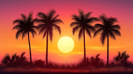 Obraz premium Serene tropical sunset with palm trees silhouetted against colorful sky