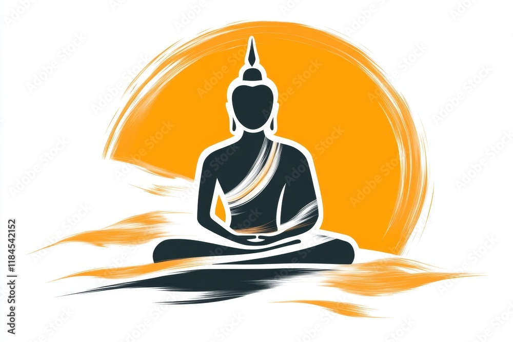 Poster a minimalist design of a golden buddha statue silhouette framed by a simple outline of an ubosot roo