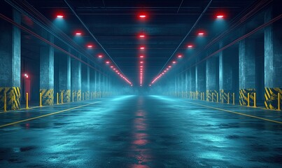 A dimly lit underground parking garage with glowing lights and reflective surfaces.