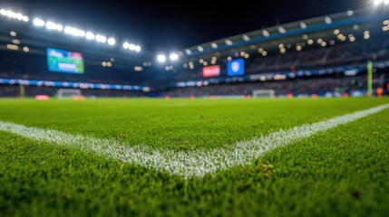 Vibrant soccer field under stadium lights at night with fans in background