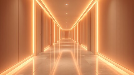 Obraz premium A modern corridor illuminated with warm orange lighting, creating a sleek and inviting atmosphere.