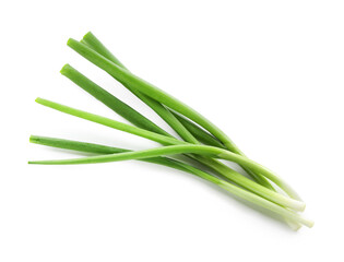 Fresh green onions isolated on white, top view