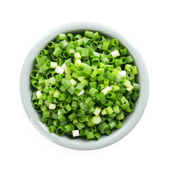 Chopped fresh green onion in bowl isolated on white, top view