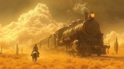 Steam train in sunlit desert with lone cowboy riding under dramatic clouds