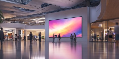 Horizontal digital banner mockup on an LED screen, glowing in a bustling shopping mall