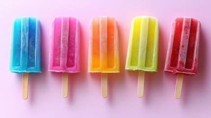 Colorful frozen popsicles on pink background in a rainbow arrangement