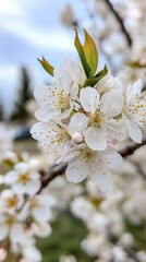 Delicate White Cherry Blossom Flowers in Springtime Nature Scene