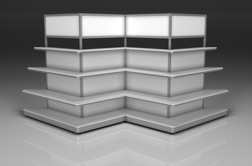 Retail shelving mockup with topper lightbox. 3d illustration on gray background