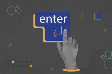 halftone collage, Hand pressing the Enter key in a vintage pop-art design, representing new beginnings or actions. themes on productivity, decision-making. geometric background