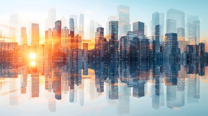 Fototapeta premium Sprawling Real Estate Empire Towering Skyscrapers Reflecting Vibrant Sunset over Bustling Financial District