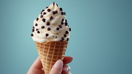Hand holding chocolate chip vanilla ice cream cone against blue background