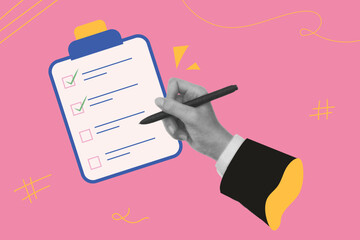  halftone collage art .with a checklist on a white sheet of paper. Hand holding a pen and writing. Check list, to do. DocumentTrendy modern retro illustration in mixed technique