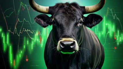 A powerful black bull with glowing green highlights stands against a backdrop of financial charts, symbolizing bullish market trends and strength.