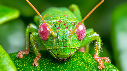 A close-up of a vibrant green grasshopper perched on a leaf, showcasing its distinctive pink eyes and detailed texture.