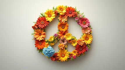 Colorful floral peace symbol made of vibrant spring flowers