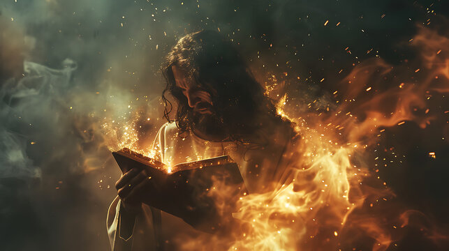 Jesus Christ holding a sacred book, reciting words of power, as Satan&rsquo;s fiery breath engulfs the battlefield, their energies creating waves of destruction