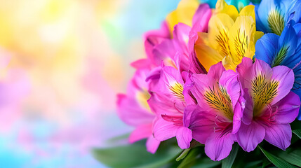 Fototapeta premium A vibrant bouquet of multicolored flowers with pink, yellow, and blue hues against a soft, dreamy background.