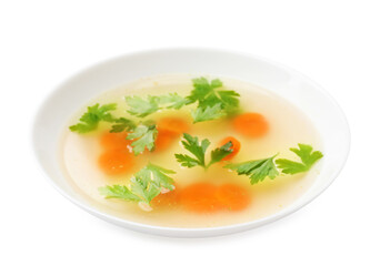 Tasty chicken bouillon in bowl isolated on white