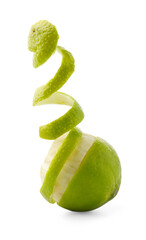 Fresh lime peel and fruit isolated on white