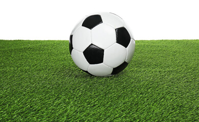 Fototapeta premium One soccer ball on green grass against white background. Sport equipment