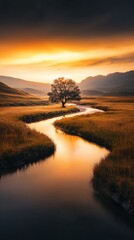 Fototapeta premium Tranquil Landscape with Winding Stream and Lone Tree at Sunset