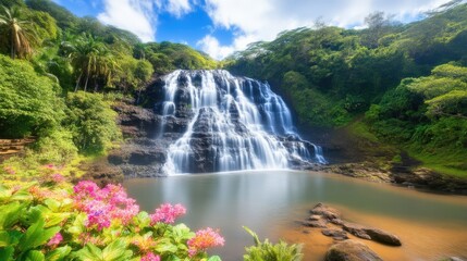 Naklejka premium Serene waterfall cascading into lush tropical pool