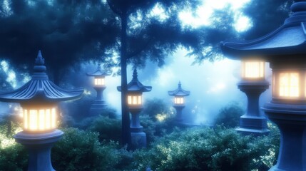 Mystical glowing lanterns in a fog-shrouded garden