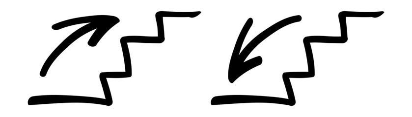 Stair icon set. Stairs with down arrow and up arrow black icon. Vector hand drawn illustration