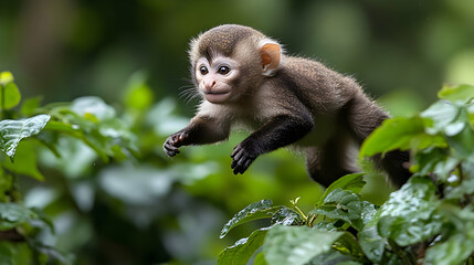 Fototapeta premium Playful Young Monkey Leaping Through Lush Green Tropical Foliage