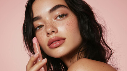 Close-up of model showcasing lip gloss with natural makeup against pink background