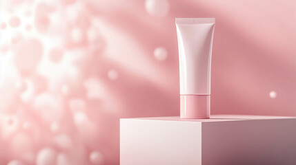 Premium skincare tube mockup on geometric podium with soft blush background