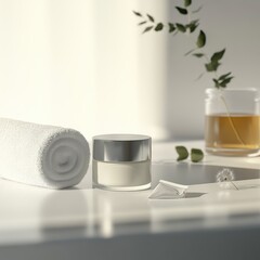Two cosmetic jars are placed on a clean countertop alongside a rolled towel and a cup of herbal tea, creating a peaceful and inviting atmosphere for skincare routines