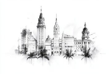 Fototapeta premium A sleek line drawing of the Montevideo skyline, featuring iconic landmarks like Palacio Salvo, in monochrome tones on a plain white canvas
